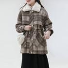 Fleece Collar Plaid Button-up Coat Plaid - Grayish Brown - One Size