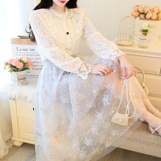 Balloon-sleeve Lace Blouse / Floral Embroidered Midi Mesh Skirt / Set