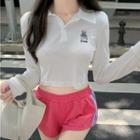 Long-sleeve Bear Emrbodiered Polo Shirt White - One Size
