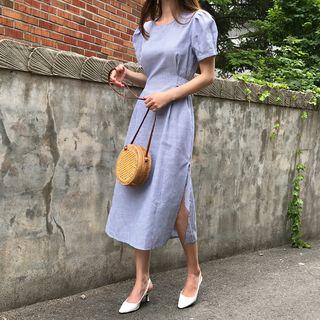 Puff-sleeve Striped Long Dress