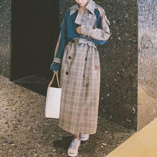 Color Block Plaid Panel Trench Coat