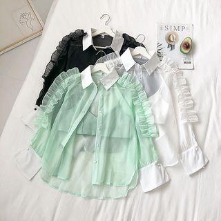 Set Of 2: See-through Long-sleeve Mesh Blouse + Camisole