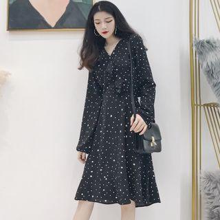 Long-sleeve Dotted A-line Chiffon Dress As Shown In Figure - One Size