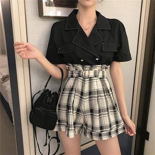 Elbow-sleeve Shirt / Plaid High-waist Shorts
