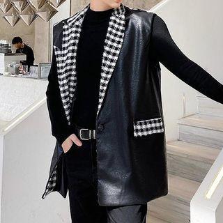 Check Trim Faux-leather Vest