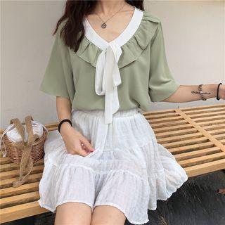 Contrast Trim Lace-up V-neck Chiffon Top