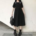 Contrast Trim Short-sleeve Midi Collared Dress Black - One Size