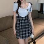 Plaid Mini Sheath Overall Dress / Short-sleeve Top