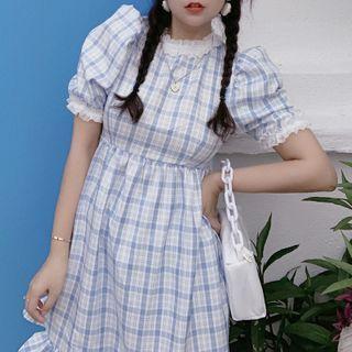 Set: Balloon-sleeve Plaid A-line Dress + Shorts