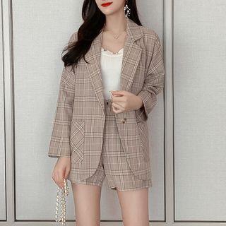 Set: Check One-button Loose-fit Blazer + Shorts