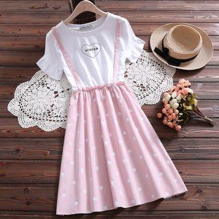 Mock Two-piece Short-sleeve Embroidered Polka Dot Paneled A-line Dress
