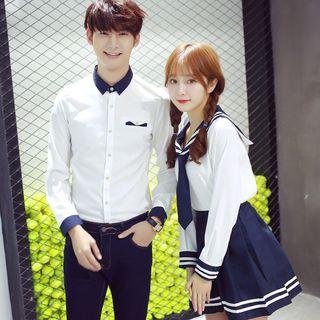 Couple Matching Set: Long-sleeve Top + A-line Mini Skirt / Shirt