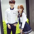 Couple Matching Set: Long-sleeve Top + A-line Mini Skirt / Shirt