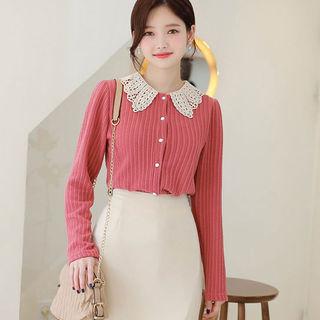 Lace-collar Round-neck Rib Cardigan