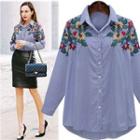 Single-breasted Floral Embroidered Long-sleeved Open-front Collared Striped Slim Blouse