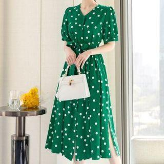 V-neck Shirred Dotted Long Dress With Sash