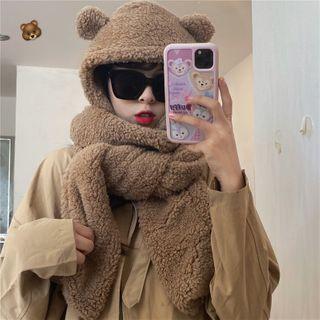 Bear Ear Accent Hooded Fleece Scarf
