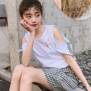 Elbow-sleeve Cold Shoulder Printed T-shirt