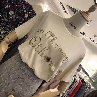 Flower Accent Letter Embroidered Short Sleeve T-shirt