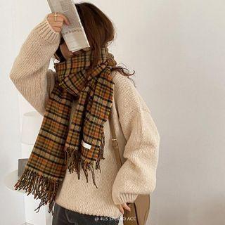 Plaid Fringed Shawl Plaid - Khaki - One Size