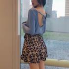 Long-sleeve Open-back T-shirt / Floral Print A-line Mini Skirt
