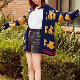 Printed Contrast-trim Knit Cardigan