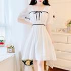 Short-sleeve Square Neck Bow-accent A-line Dress