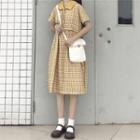 Plaid Short-sleeve Midi Collared Dress Plaid - Yellow - One Size