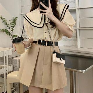 Short-sleeve Layered Collar Blouse / Mini A-line Skirt / Belt / Set