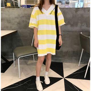 Striped V-neck Elbow-sleeve T-shirt Dress
