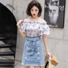Set: Off Shoulder Short-sleeve Top + Denim A-line Skirt