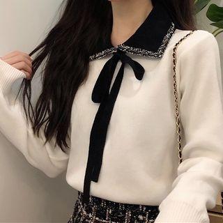 Bow-neck Color-block Collar Blouse