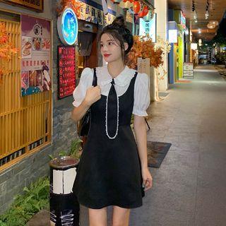 Short-sleeve Neck Tie Shirt / Sleeveless Overall Dress / Midi Dress