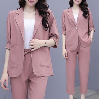 Set: Short-sleeve One-button Blazer + Straight Leg Pants