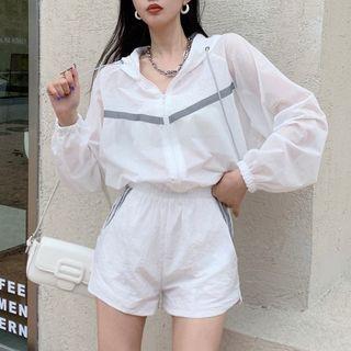 Set : Long-sleeve Sheer Drawstring Hooded Jacket + High-waist A-line Striped Shorts
