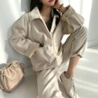 Snap-button Loose-fit Jacket Oatmeal - One Size