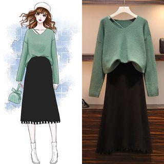 V-neck Knit Top / Midi A-line Skirt / Set
