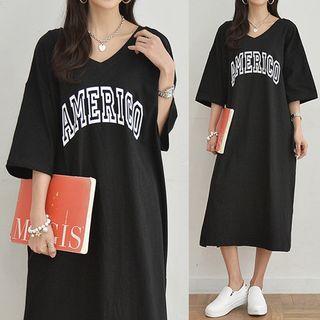 Printed V-neck Long T-shirt Dress