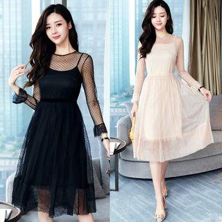 Set: Long-sleeve Midi A-line Dotted Mesh Dress + Slipdress