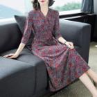 3/4-sleeve V-neck Paisley Print Midi A-line Dress