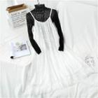 Mock-neck Long-sleeve Slim-fit Sheer Top / Lace Sleeveless Dress
