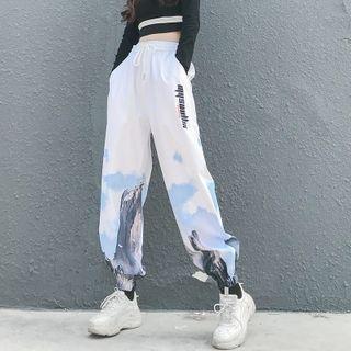 Mountain Print Lettering Cropped Harem Pants