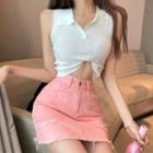 Sleeveless Polo Shirt / Frayed Mini Skirt