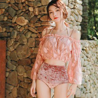 Set: Bikini + Leaf Pattern Off-shoulder Top