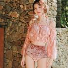 Set: Bikini + Leaf Pattern Off-shoulder Top