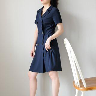 Set: Short-sleeve Double Breasted A-line Mini Shirtdress + Mesh Overlay Midi Skirt