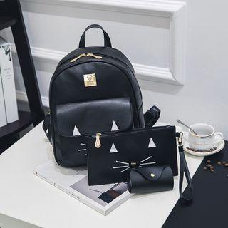 Set: Cat Printed Faux-leather Backpack + Crossbody Bag + Pouch