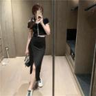 Short-sleeve Contrast Trim Cardigan / High-waist Plain Split Skirt