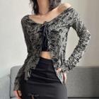 Long-sleeve Front-slit Distressed T-shirt