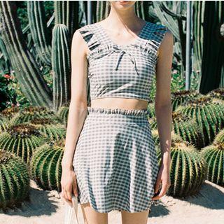 Set: Plaid Tankini Top + Skirt + Bottom